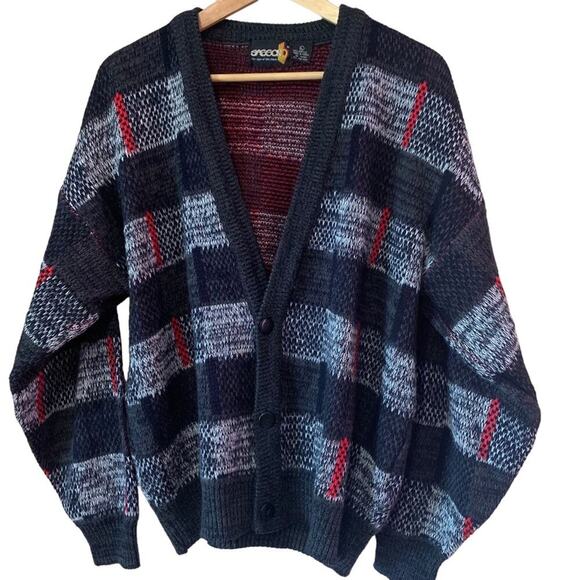 Vintage Plaid Cardigan Large Jacquard Knit VNeck 80s Sasson - Picture 4 of 15